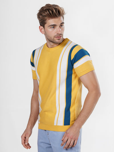Celio* Striped Regular Fit Cotton Mustard T-Shirt