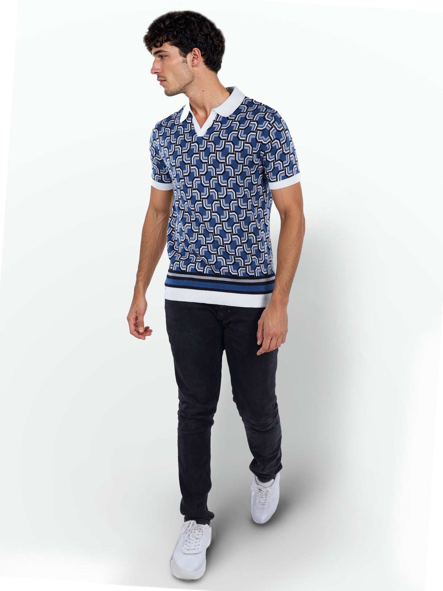 Blue Printed Cotton Polo