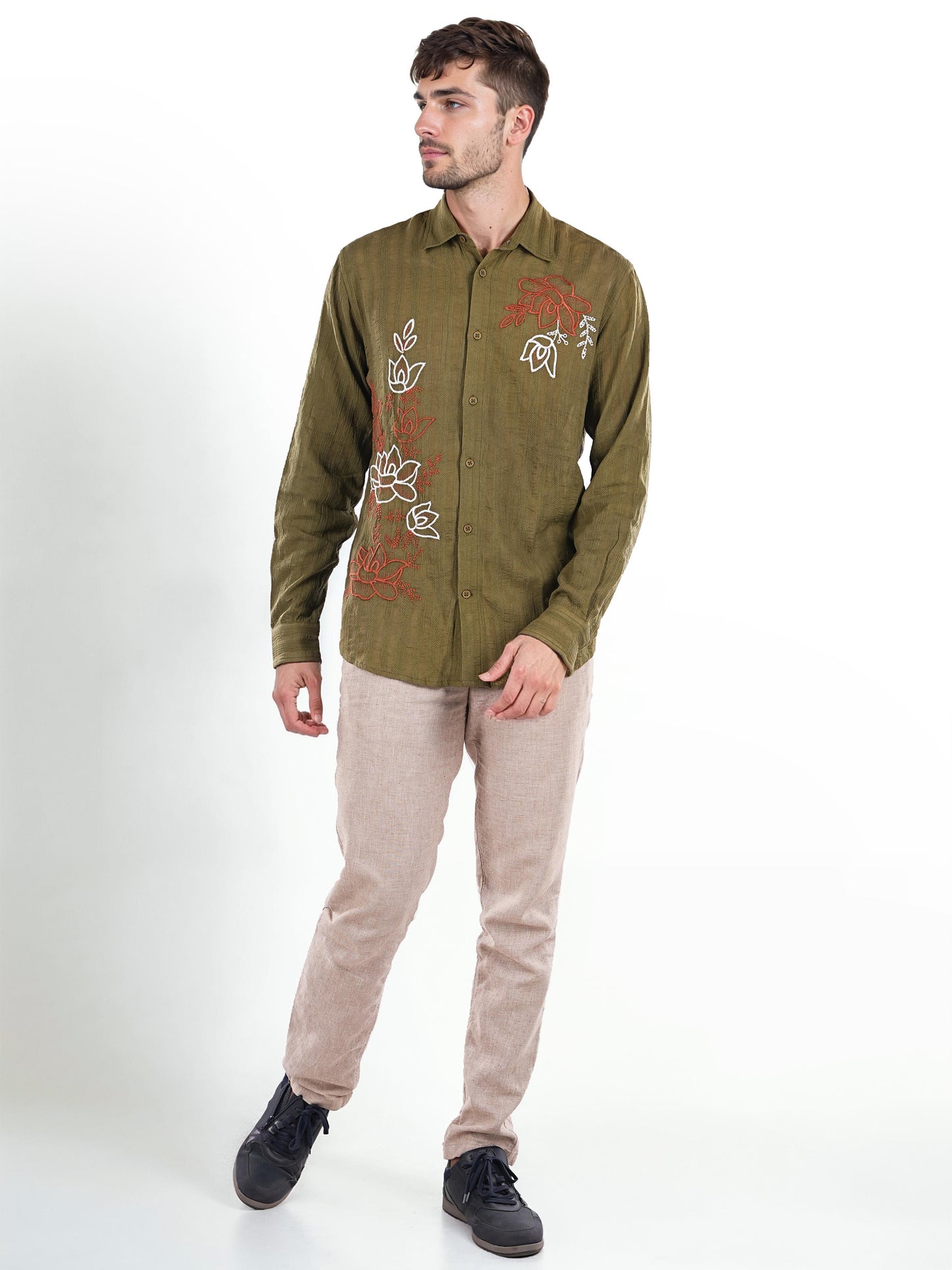 Green Embroidered Cotton Shirt