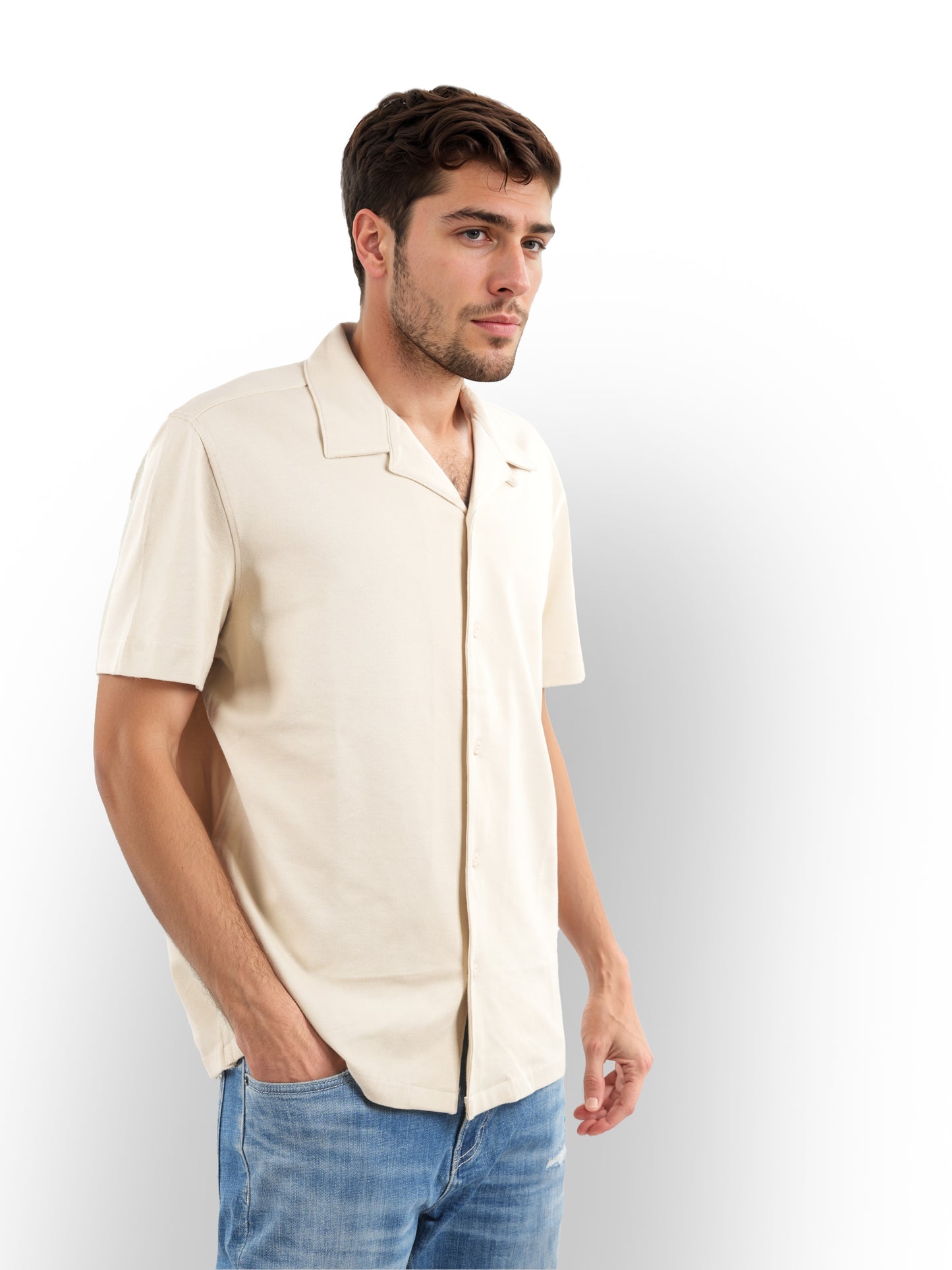 Beige Solid Cotton Shirt