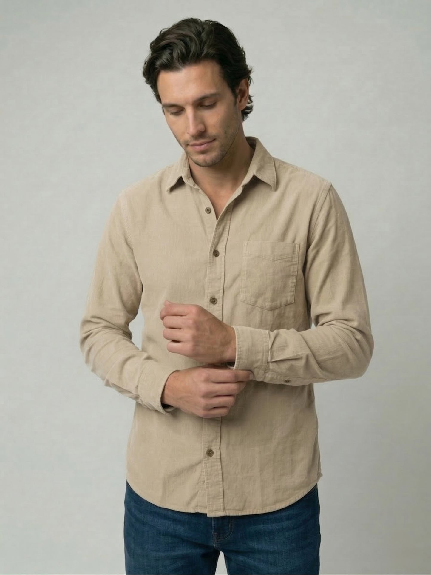 Celio Mens Beige Corduroy Regular Fit Cotton Shirts