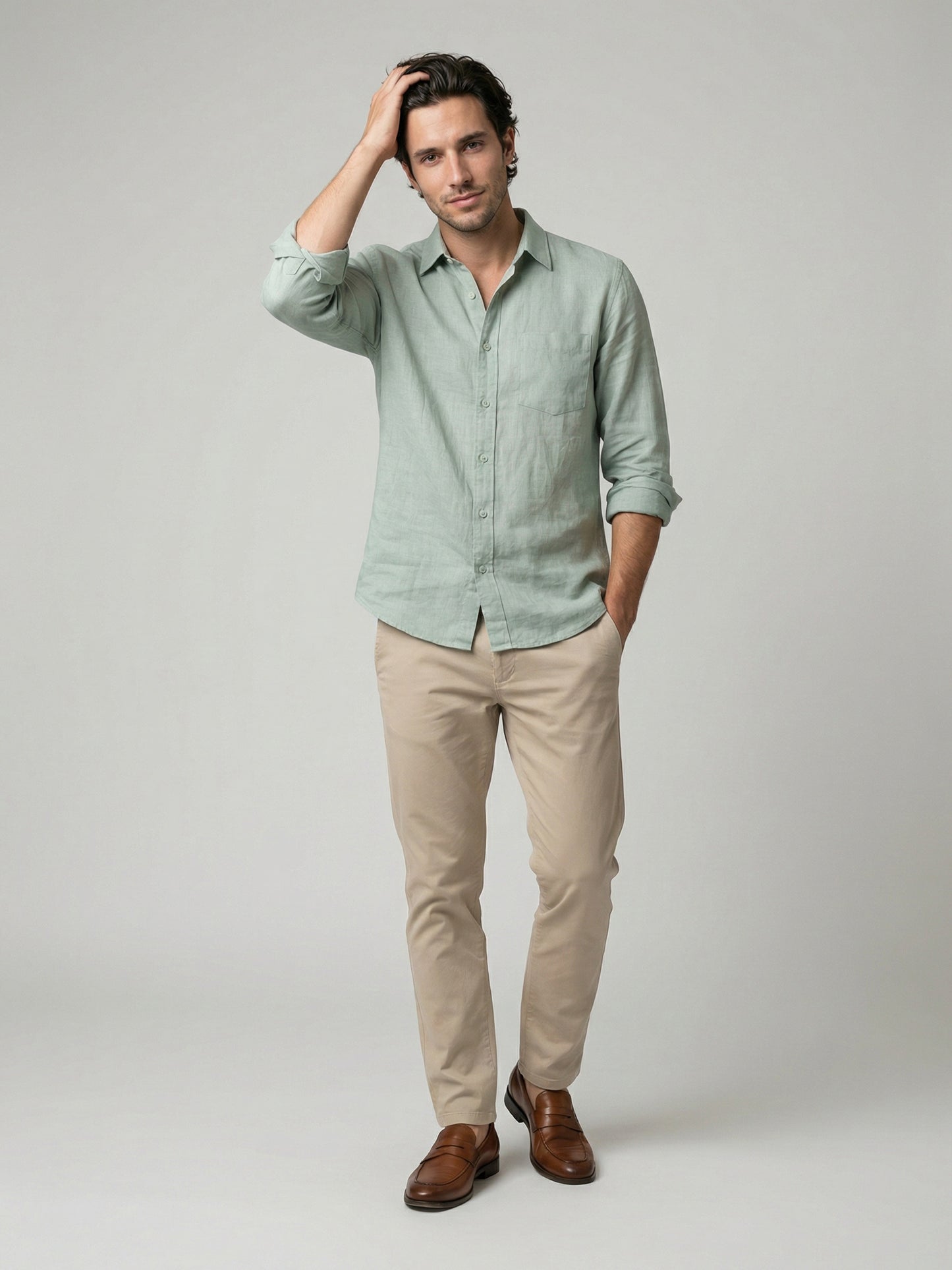 Celio Mens Green Solid Regular Fit Linen Shirts