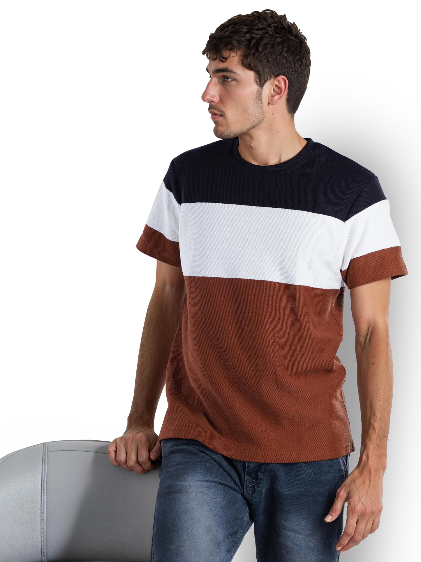 Brown Colourblock Cotton T-shirt