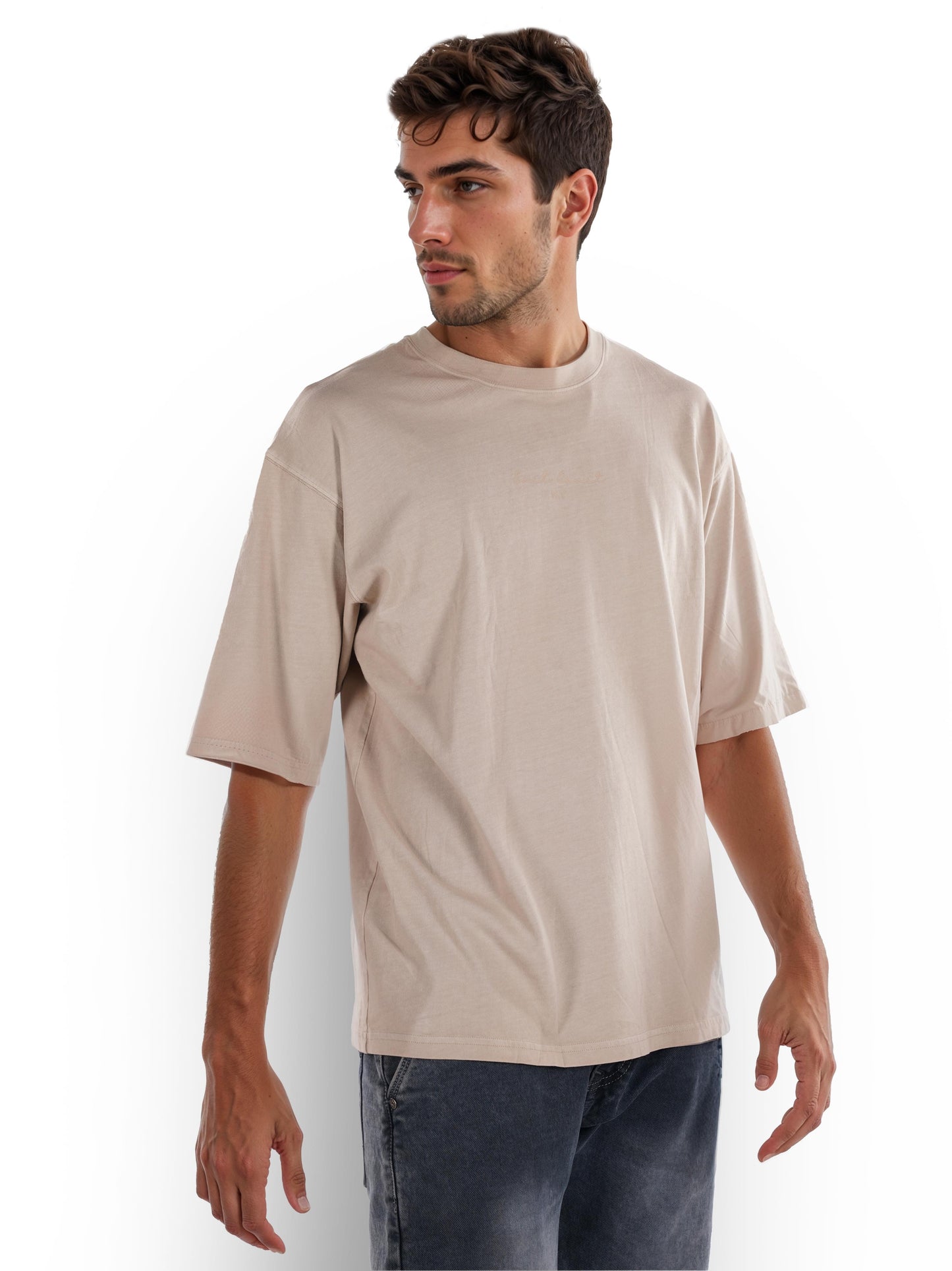 Beige Solid Cotton T-shirt