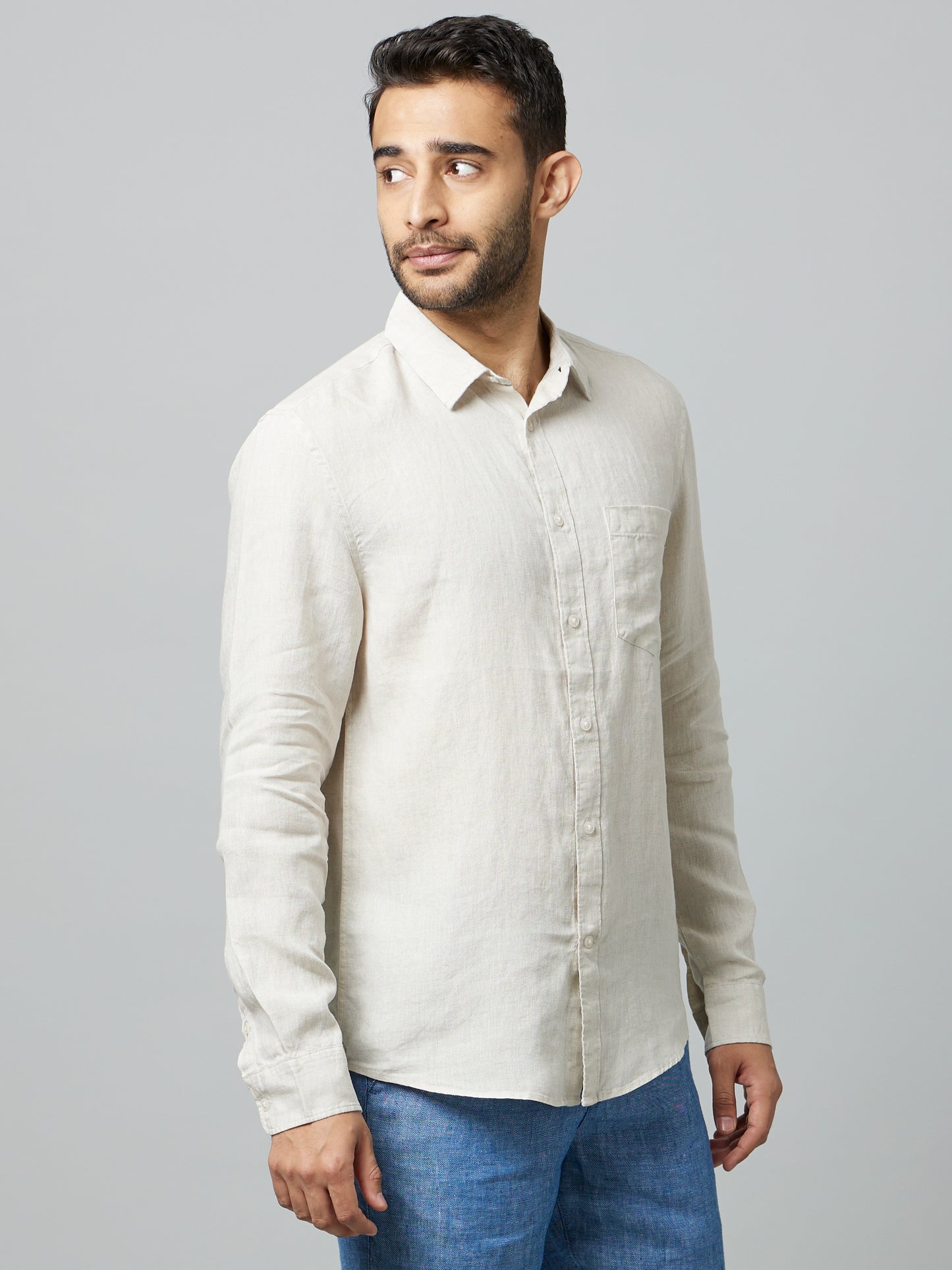 Beige Solid Linen Shirt