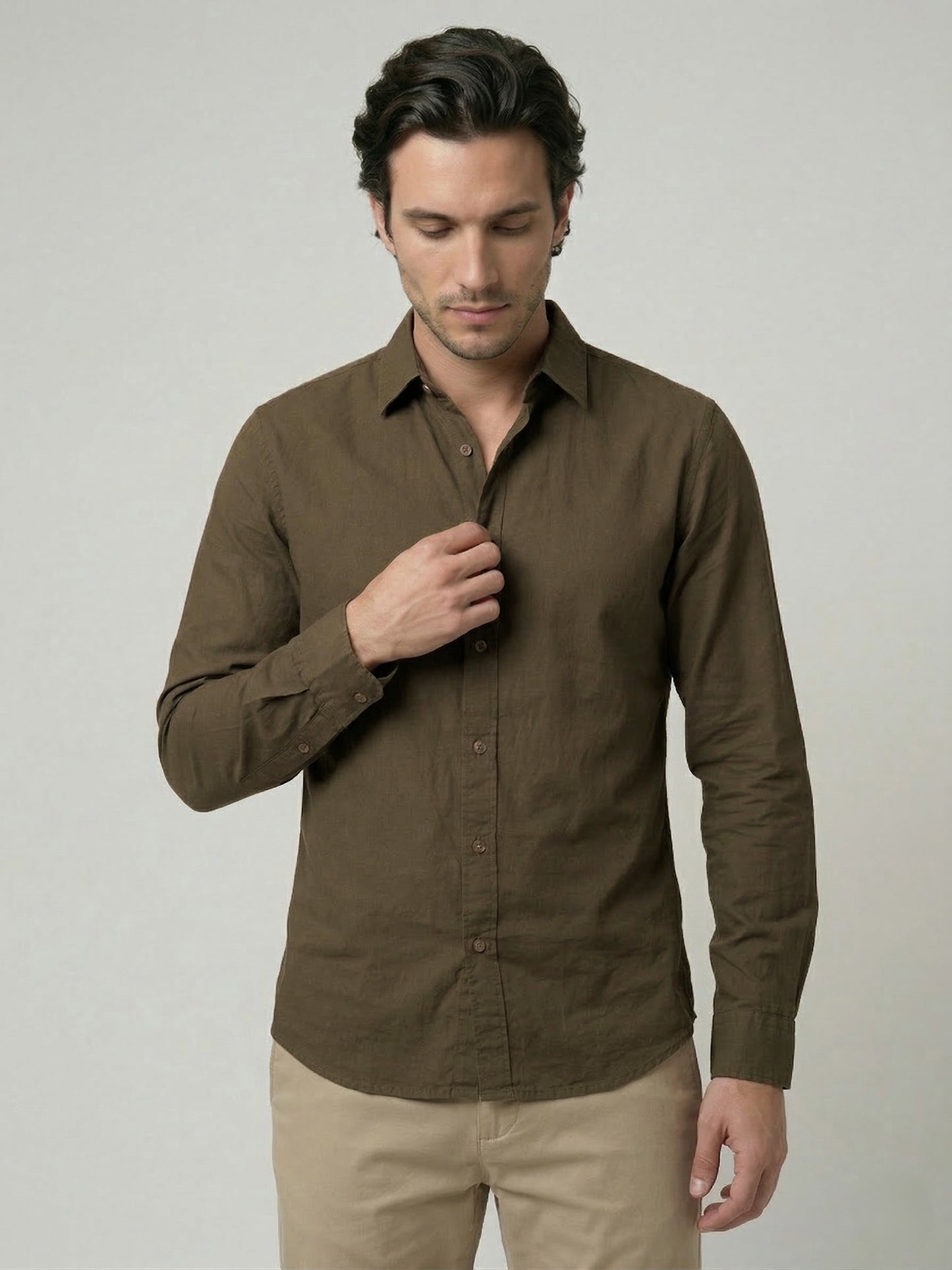 Celio Mens Olive Solid Regular Fit Cotton Shirts