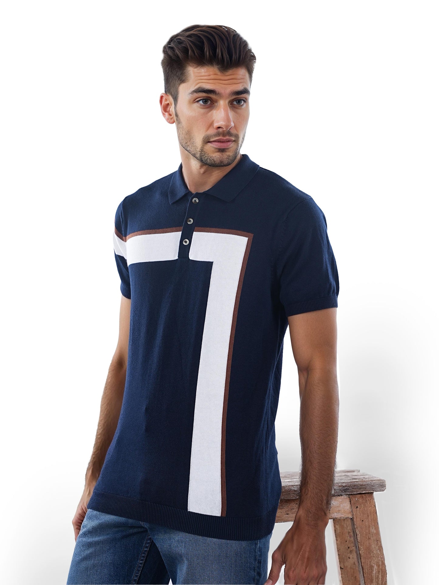 Navy Blue Colourblock Cotton Polo