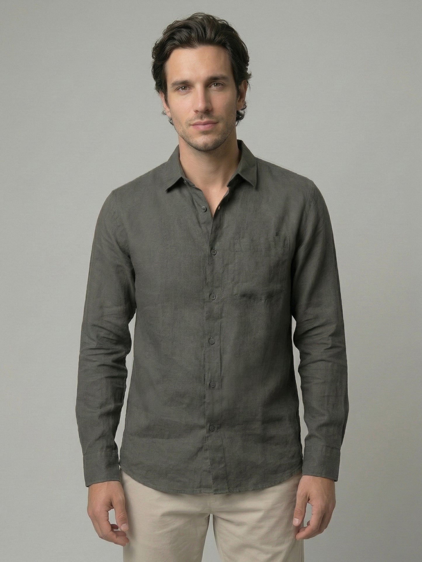 Celio Mens Khaki Solid Regular Fit Linen Shirts