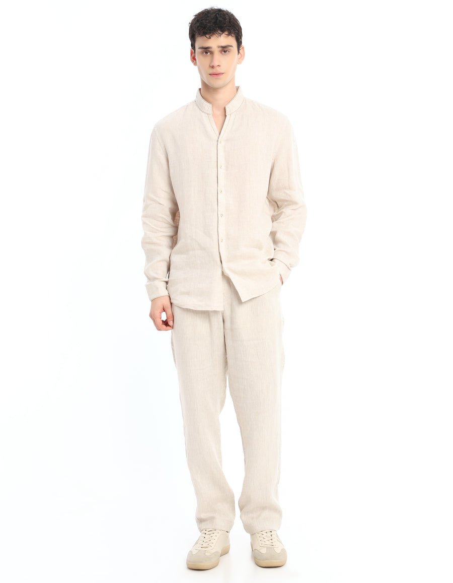 Regular Fit 100% Linen Solid Shirts - Cream