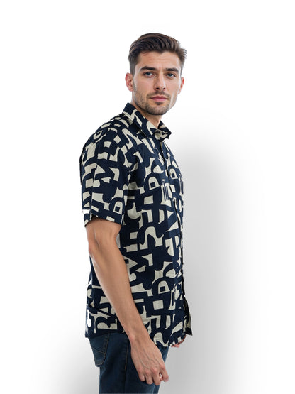 Navy Blue Printed Cotton Shirt