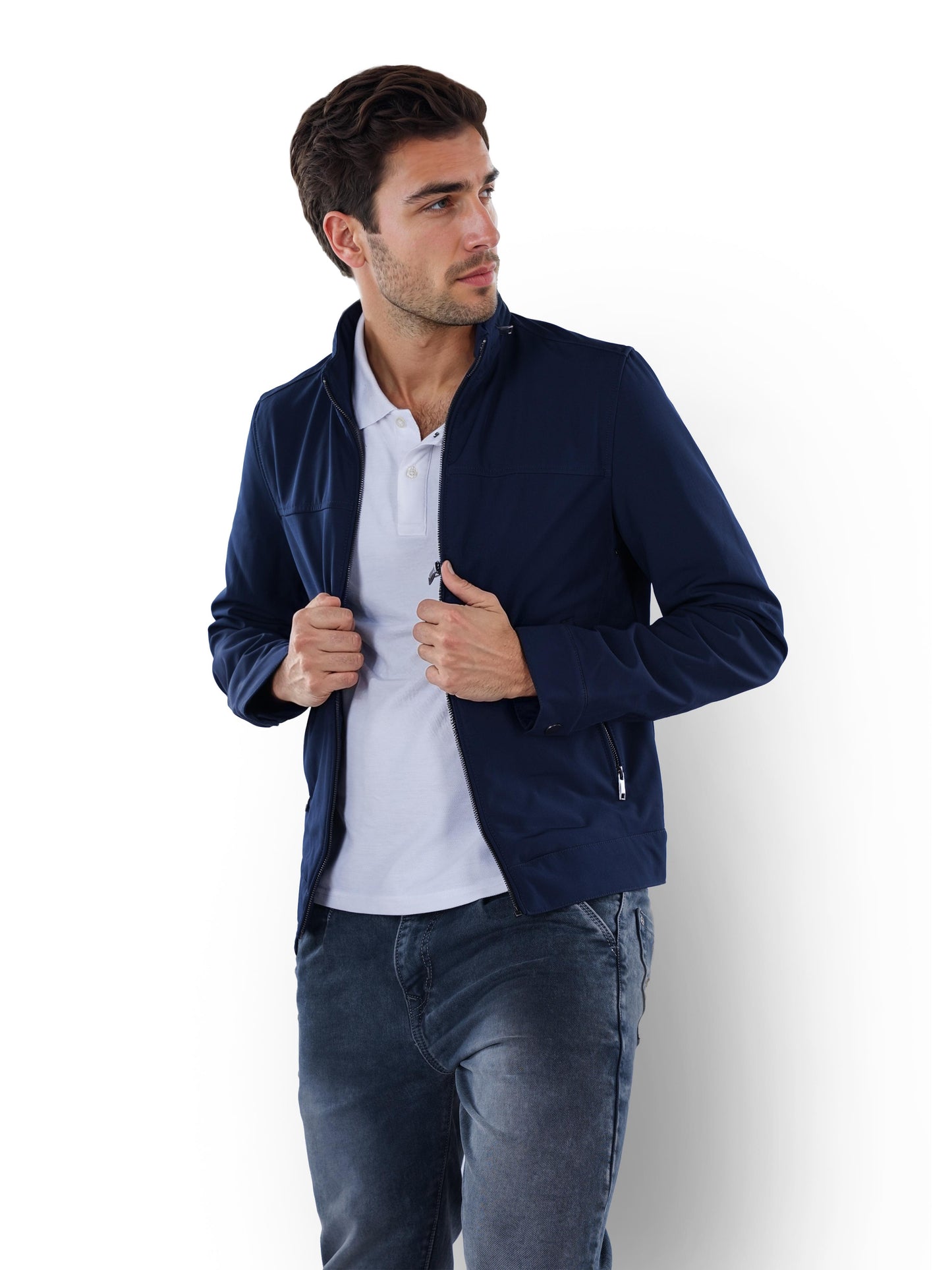 Navy Blue Solid Polyester Jacket