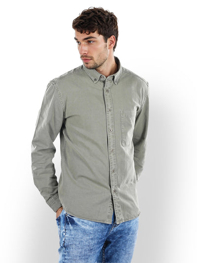 Celio* Solid Regular Fit Cotton Green Shirt