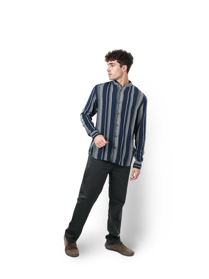 Navy Blue Striped Viscose Shirt