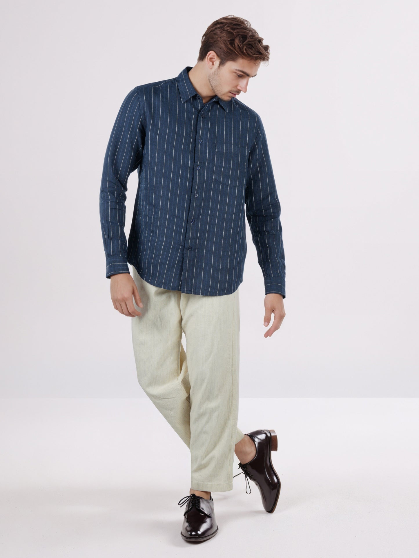 Celio* Men Navy Blue Striped Regular Fit Linen Shirts