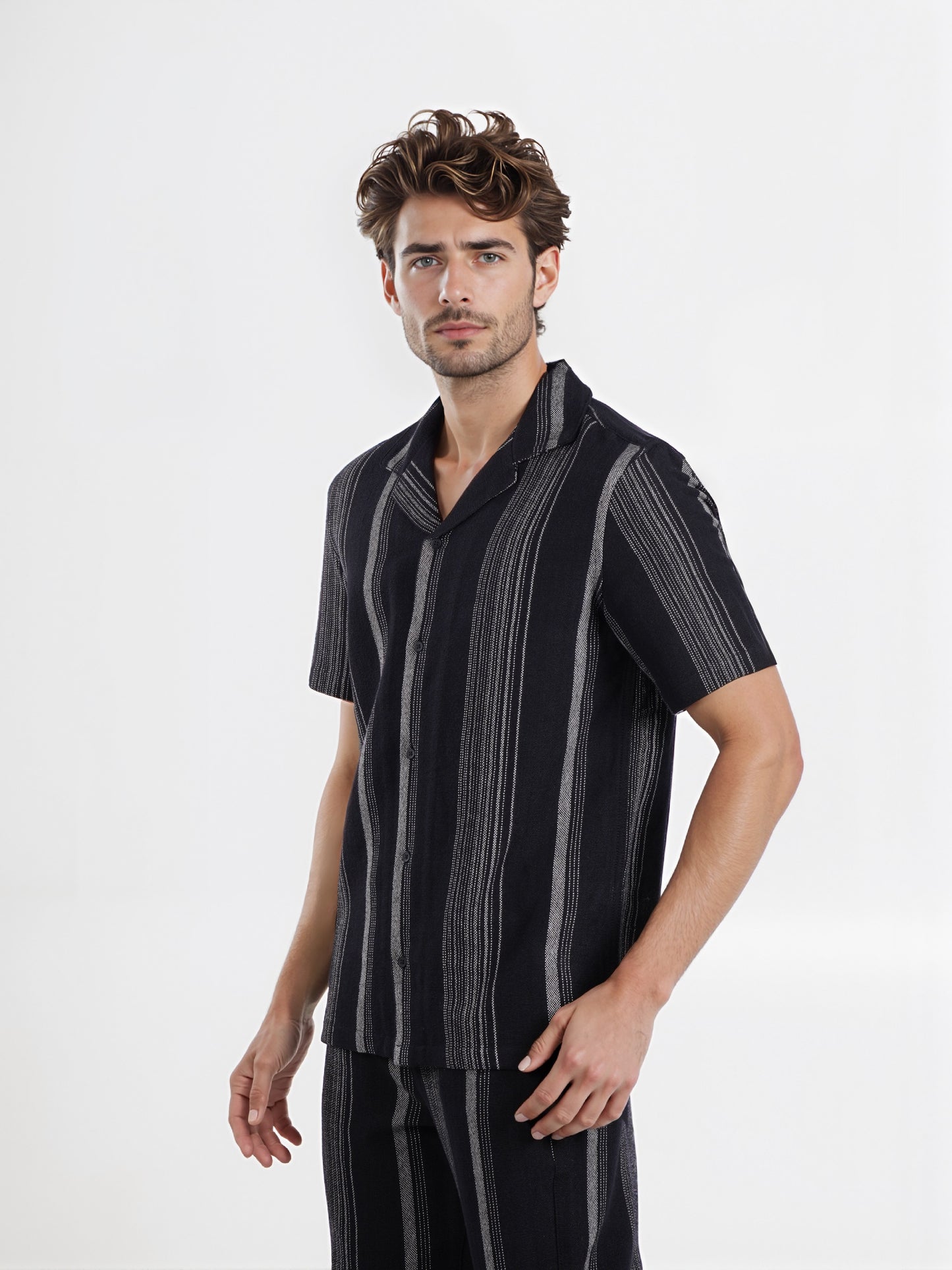 Celio* Men Black Striped Regular Fit Cotton Fashion Shirt