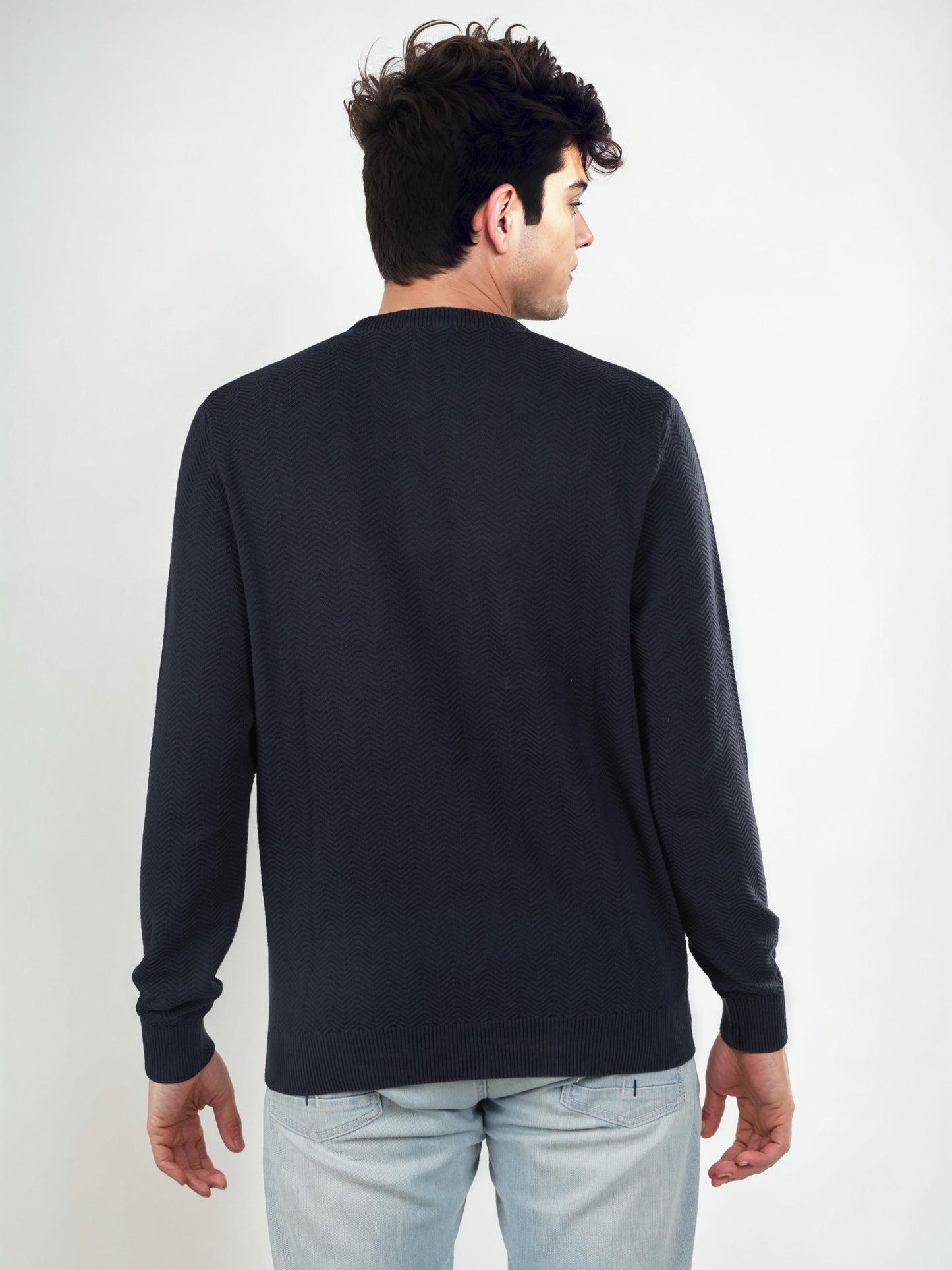 Navy Blue Solid Cotton Sweater