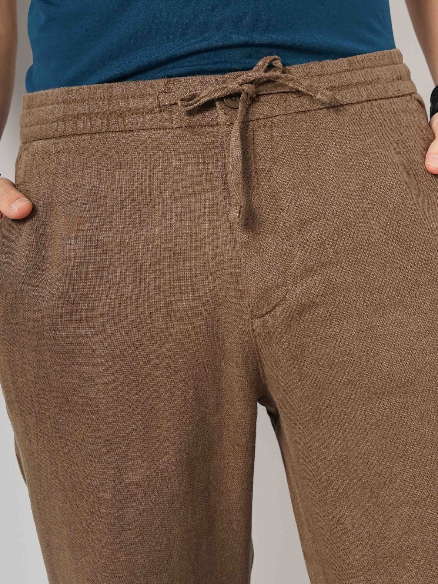 Celio* Linen Straight Fit Brown Trouser