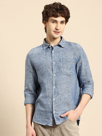 Celio* Solid Regular Fit Linen Navy Blue Shirt