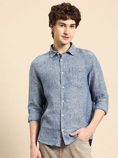 Celio* Solid Regular Fit Linen Navy Blue Shirt