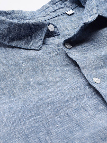 Celio* Solid Regular Fit Linen Navy Blue Shirt