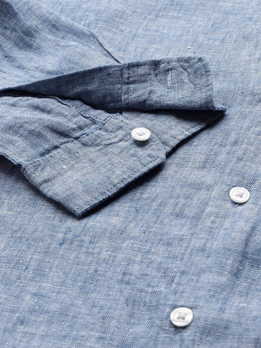 Celio* Solid Regular Fit Linen Navy Blue Shirt