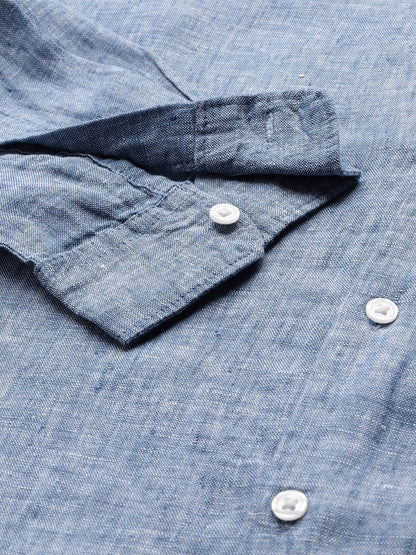 Celio* Solid Regular Fit Linen Navy Blue Shirt