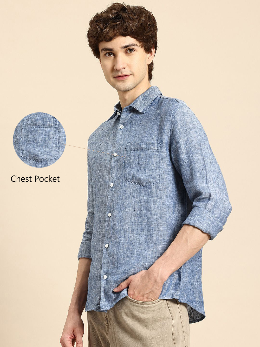 Celio* Solid Regular Fit Linen Navy Blue Shirt