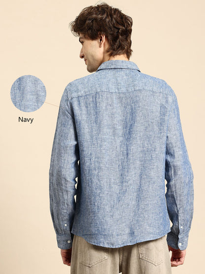 Celio* Solid Regular Fit Linen Navy Blue Shirt