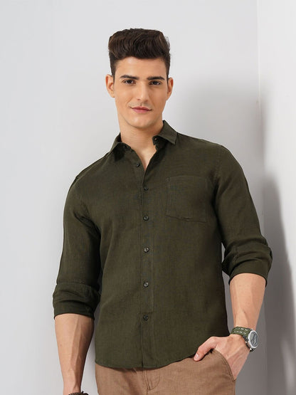 Celio* Men Green Linen Solid Regular Fit Shirt