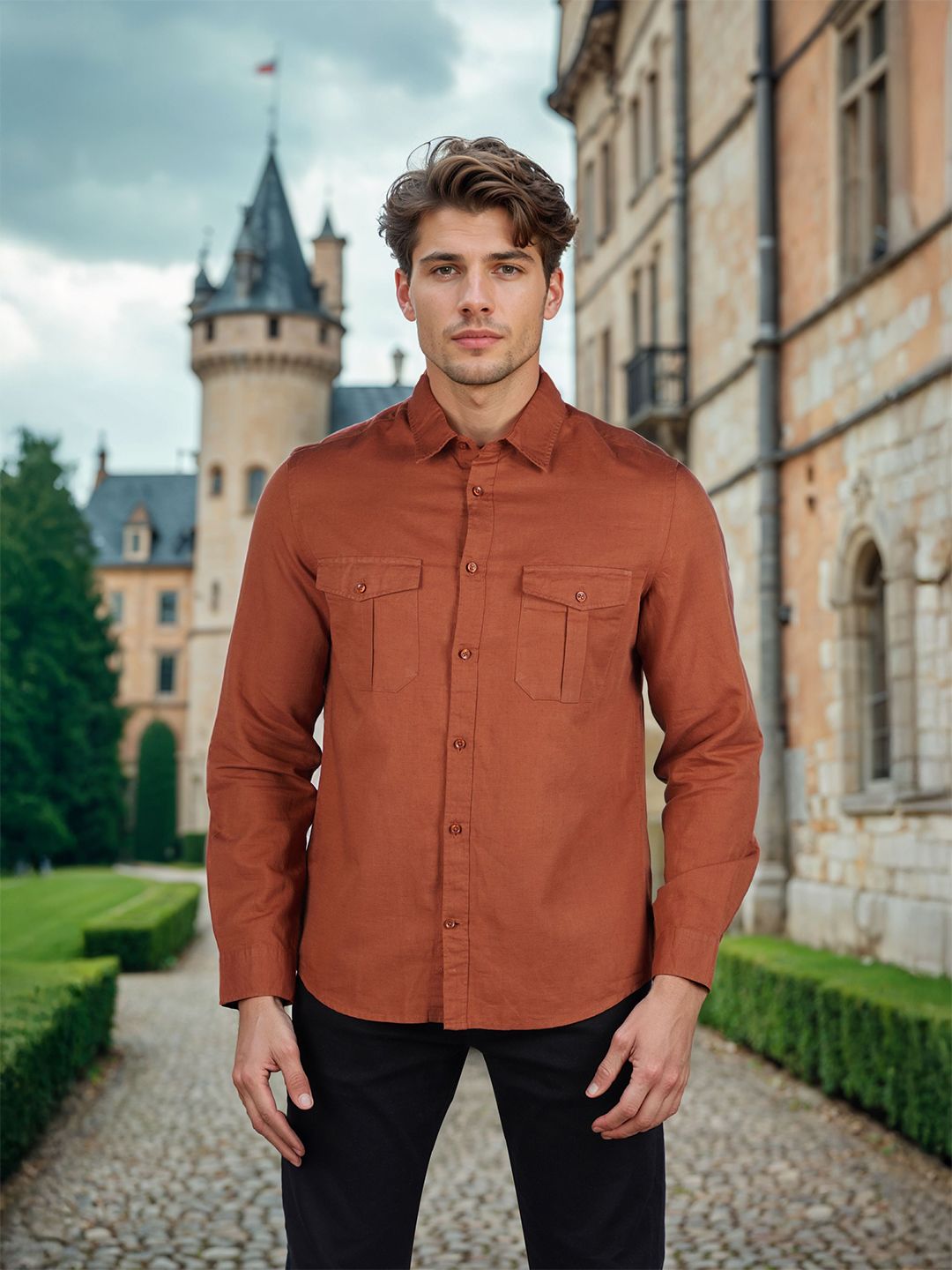 Celio* Solid Regular Fit Cotton-Linen Orange Shirt