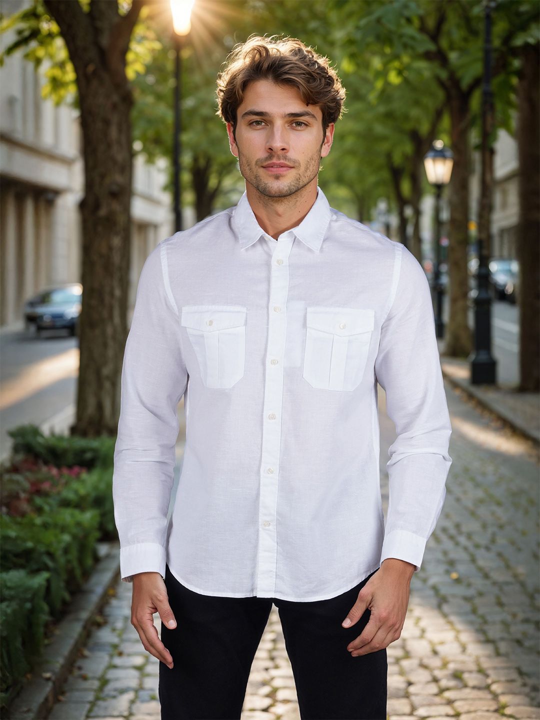 Celio* Solid Regular Fit Cotton-Linen White Shirt