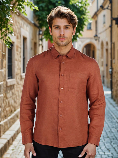 Celio* Solid Regular Fit Linen Orange Shirt