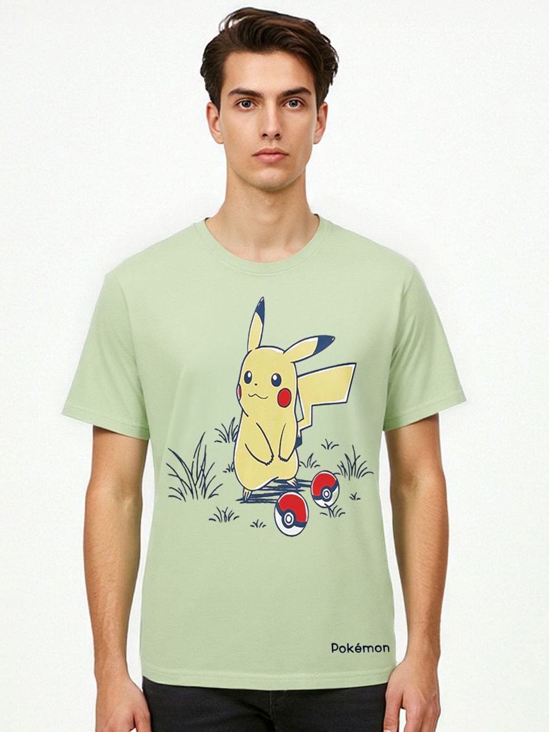 Celio Pokemon Men Green Printed Regular Fit Cotton T-shirt