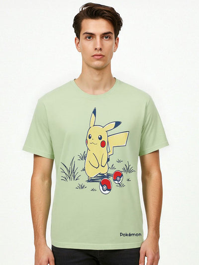 Celio* Pokemon Men Green Printed Regular Fit Cotton T-shirt