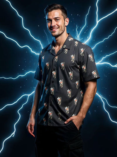 Celio* Men Black Printed Regular Fit Cotton Kaiju Shirt