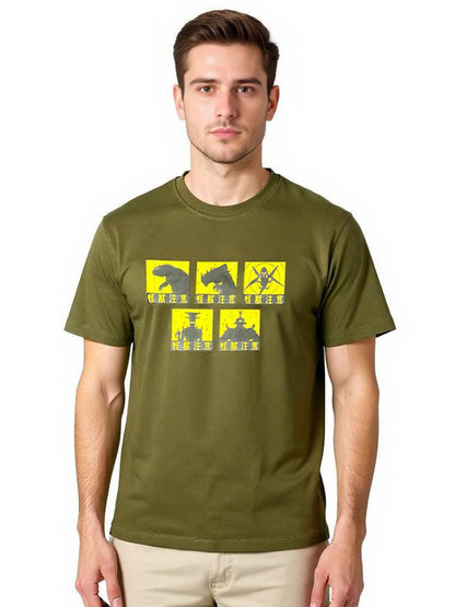Celio* Men Olive Printed Oversized Cotton Kaiju T-Shirt