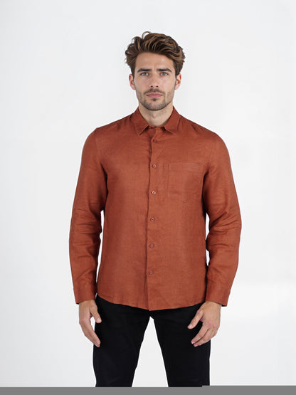 Celio* Solid Regular Fit Linen Orange Shirt