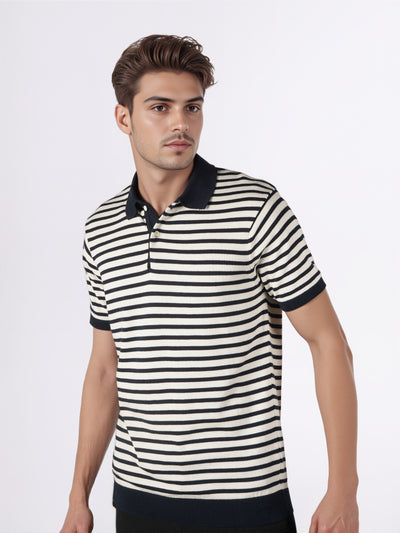Celio* Men Navy Blue Striped Regular Fit Cotton T-Shirts