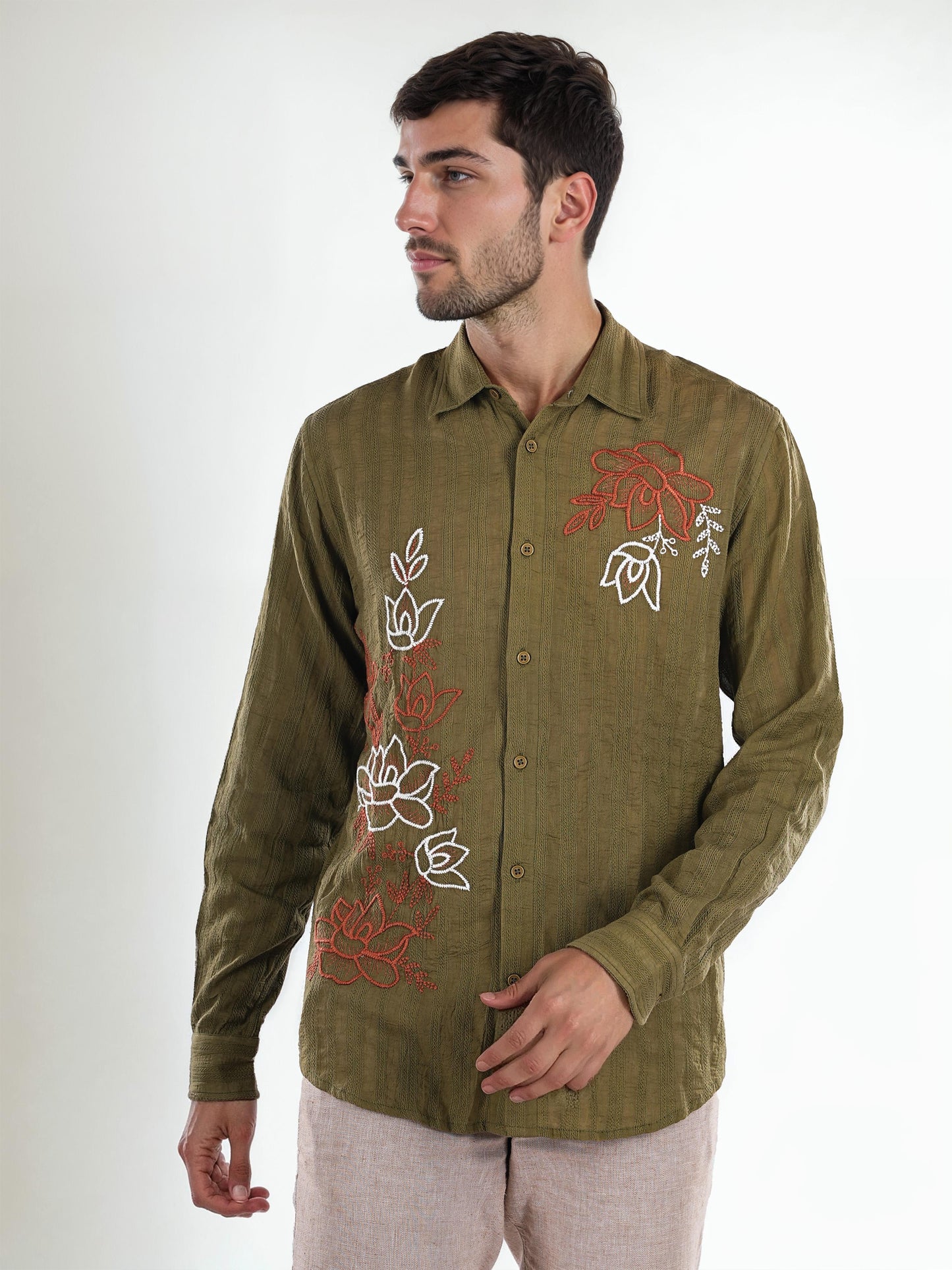 Green Embroidered Cotton Shirt