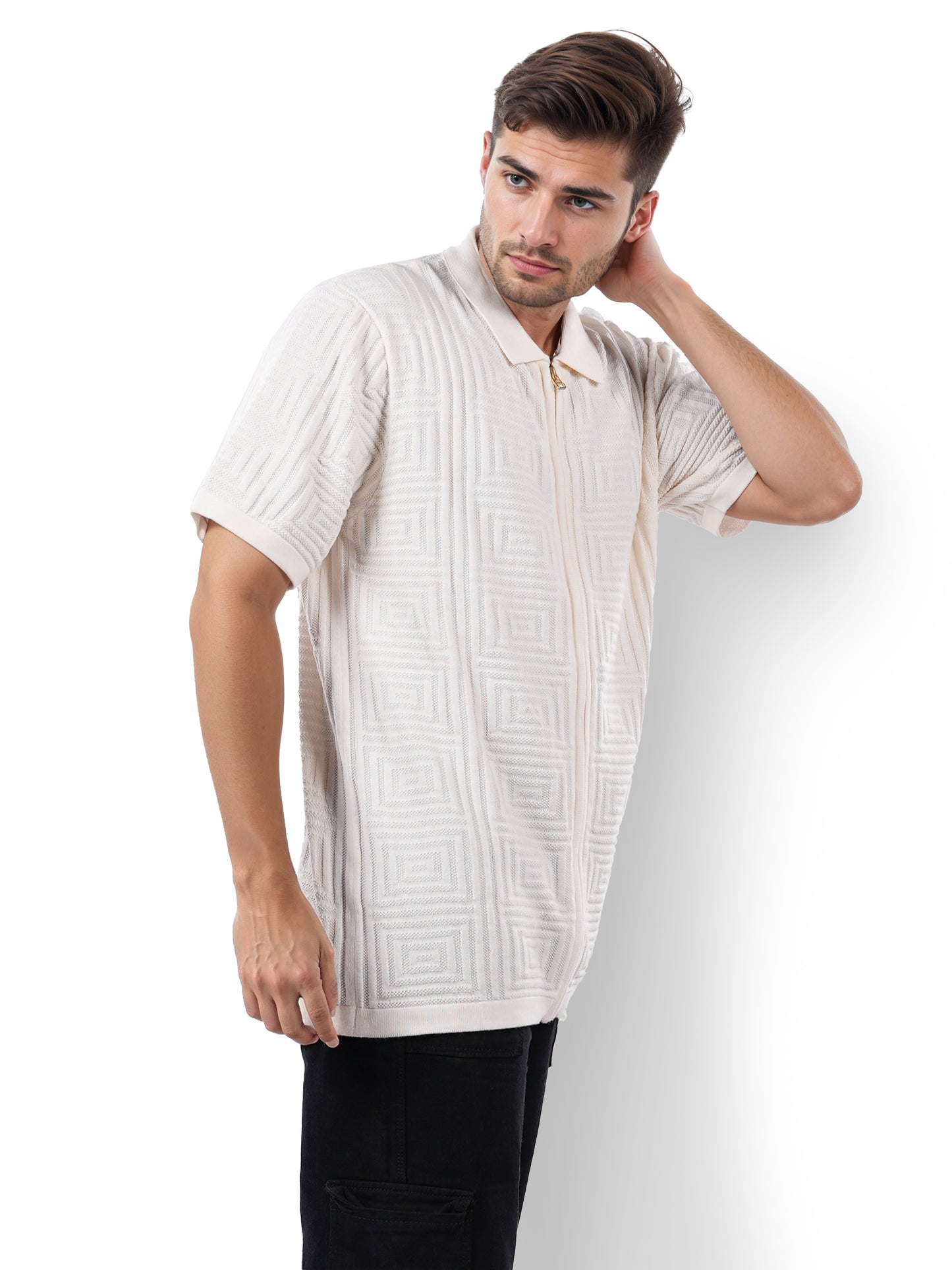 Off White Solid Cotton Polo