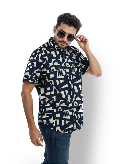 Navy Blue Printed Cotton Shirt