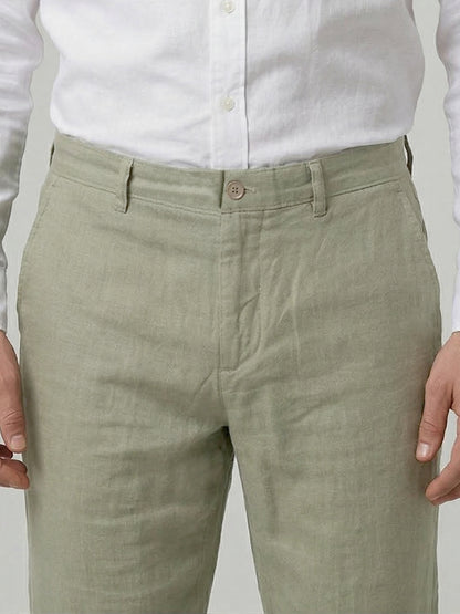 Celio Mens Green Solid Straight Fit Linen Casual Trouser