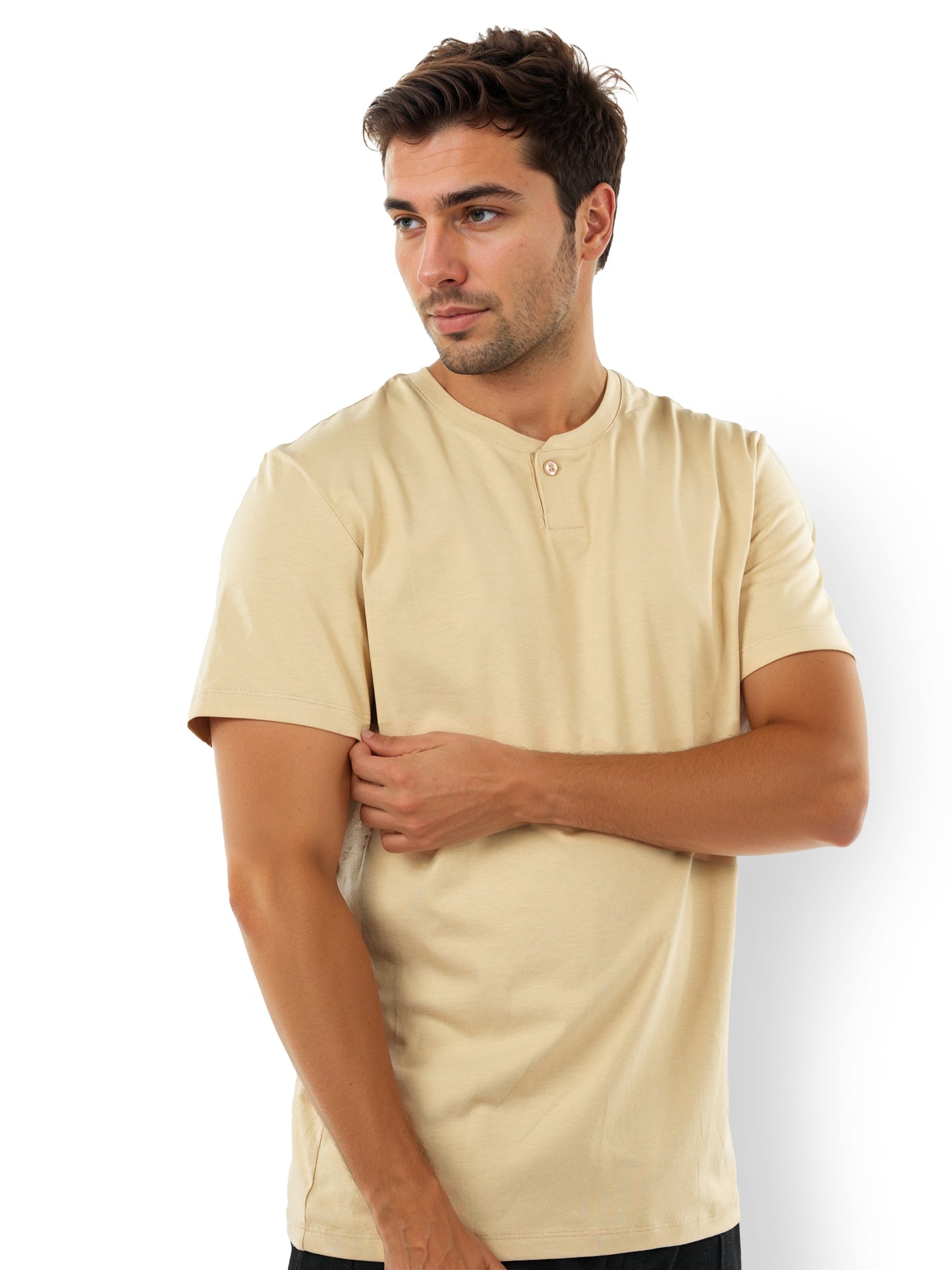 Beige Solid Cotton T-shirt