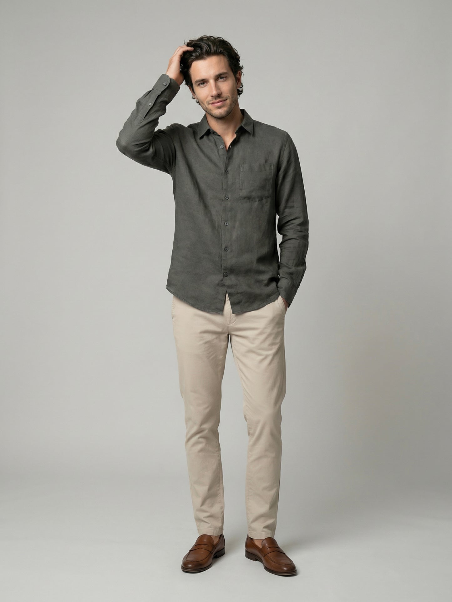 Celio Mens Khaki Solid Regular Fit Linen Shirts