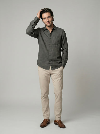 Celio Mens Khaki Solid Regular Fit Linen Shirts