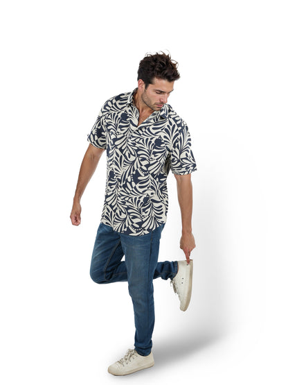 Navy Blue Printed Viscose Shirt