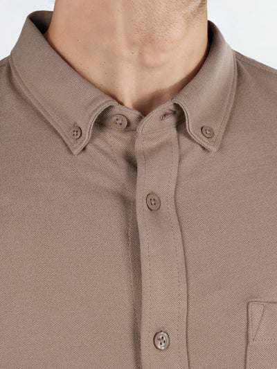 Celio* Solid Regular Fit Cotton-Blend Brown Shirt