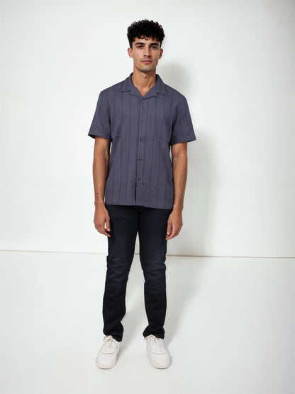 Navy Blue Striped Cotton Shirt