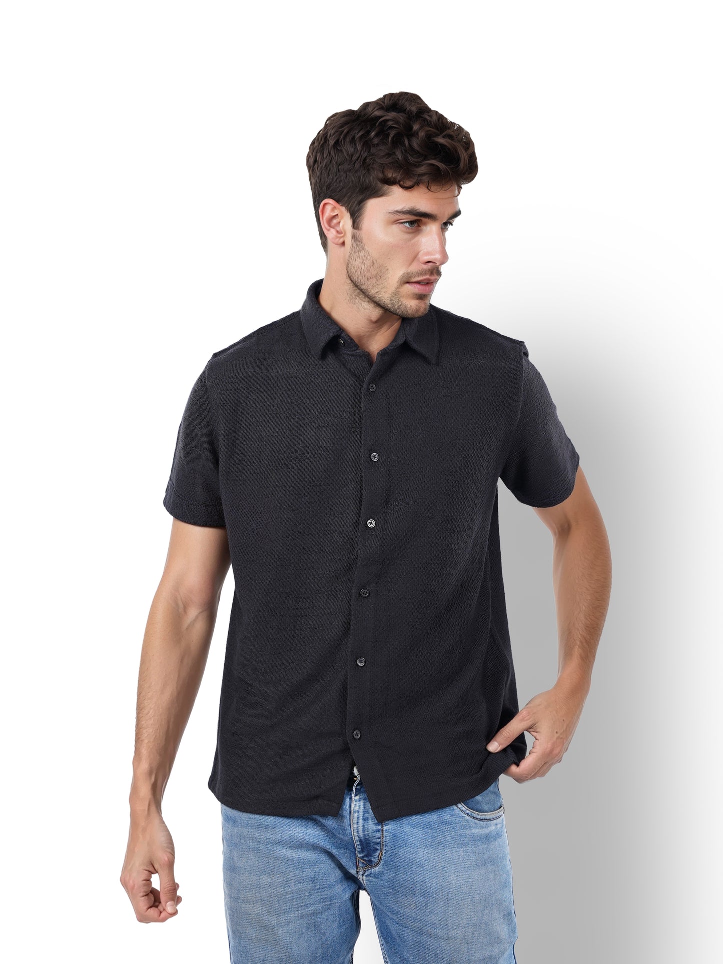 Black Solid Polyester Shirt