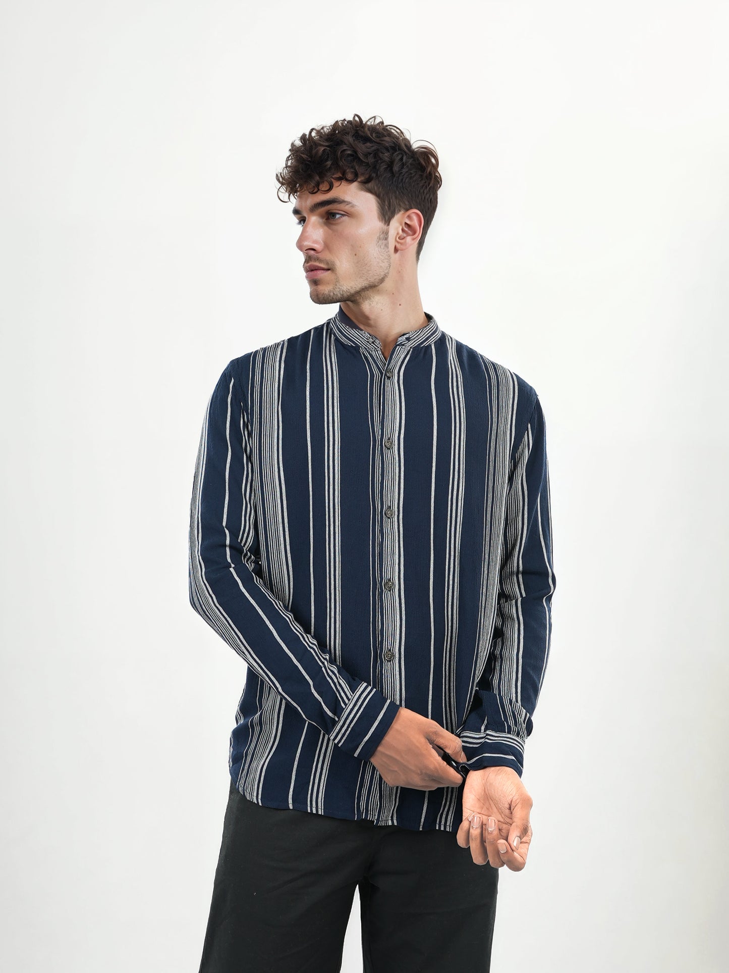 Navy Blue Striped Viscose Shirt